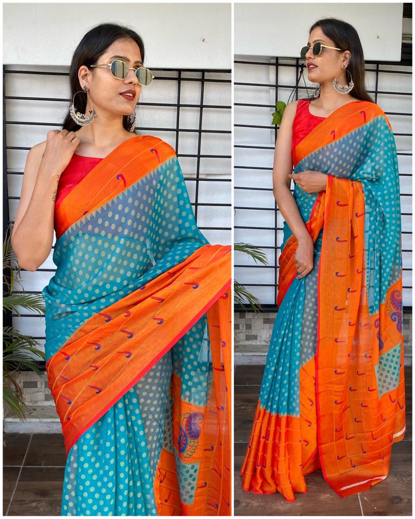 Blue and Orange Brasso Saree with Patheni style Pattern