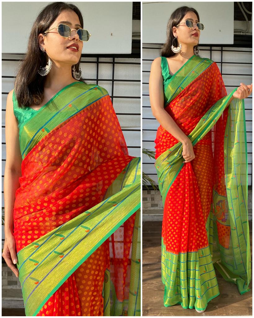 Red and Green Brasso Saree with patheni style Pattern