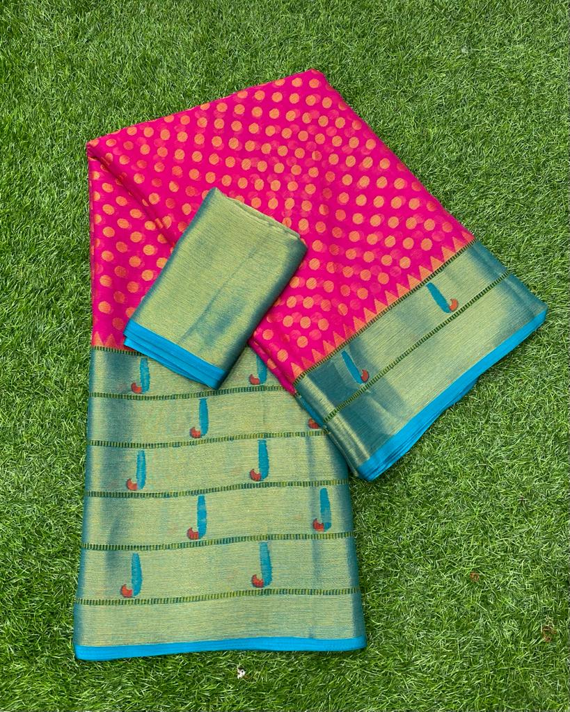 Pink and Blue Brasso Saree with patheni style Pattern