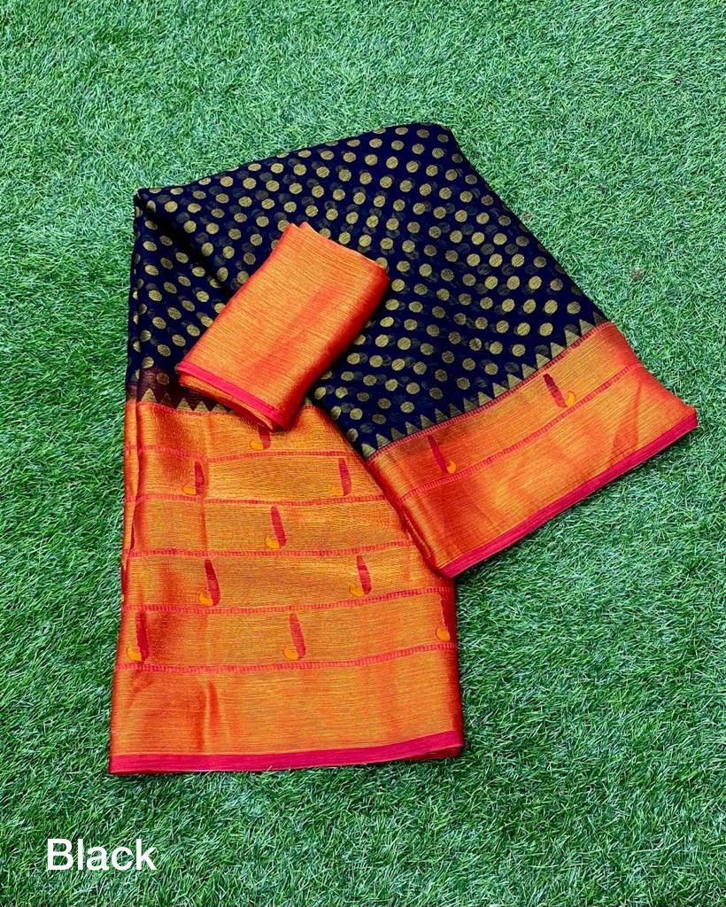 Red and Navy Blue Brasso Saree with patheni style Pattern