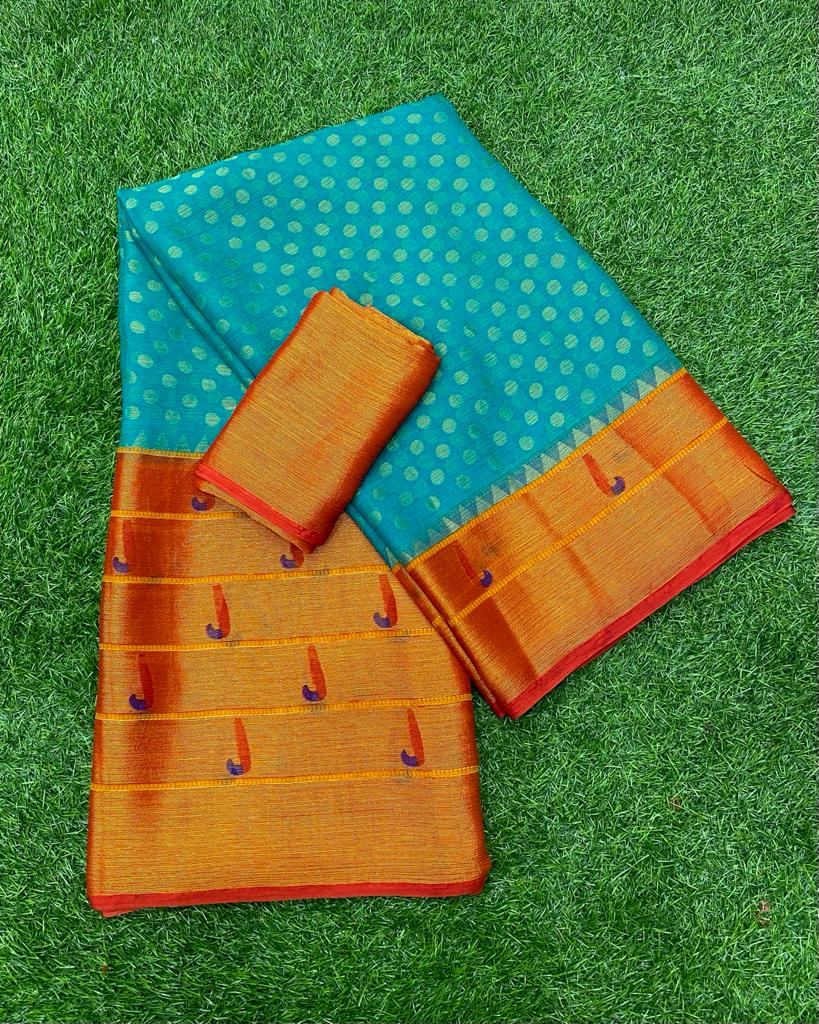 Blue and Orange Brasso Saree with Patheni style Pattern