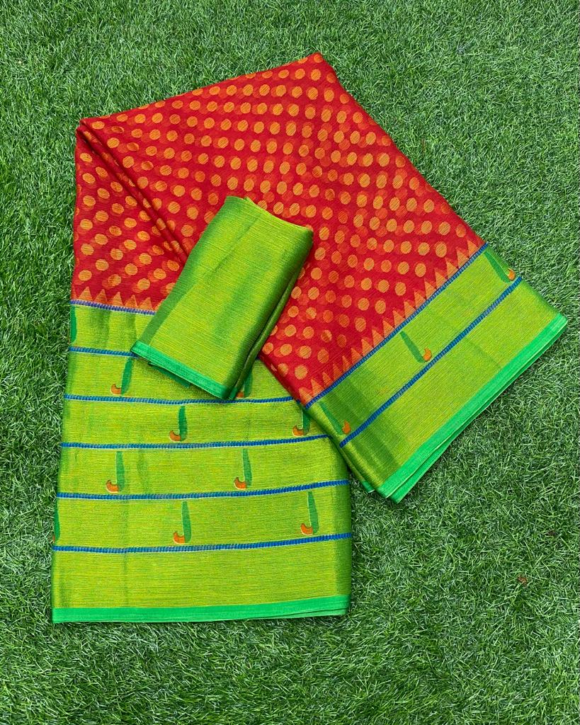 Red and Green Brasso Saree with patheni style Pattern