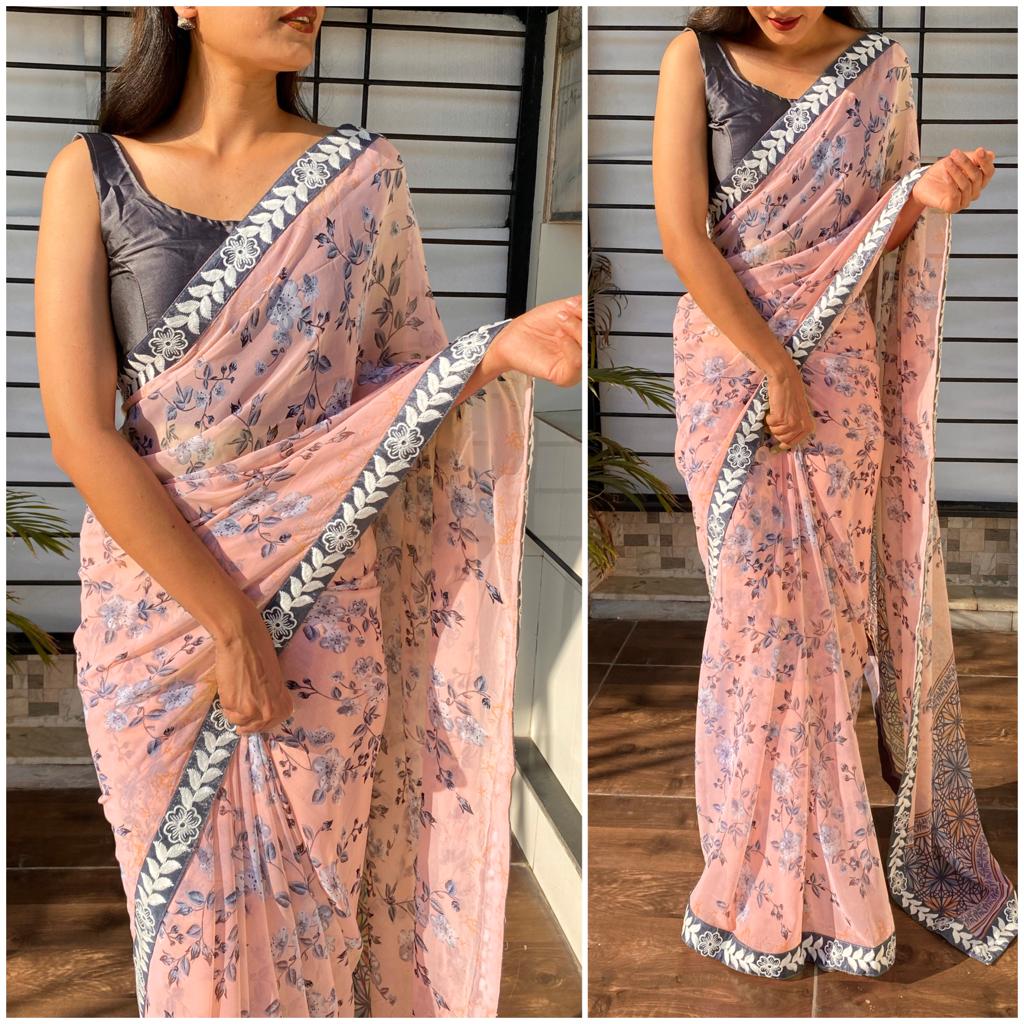 Printed Georgette Saree with Heavy Lace
