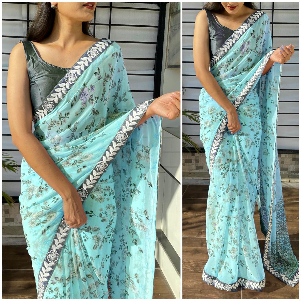 Printed Georgette Saree with Heavy Lace
