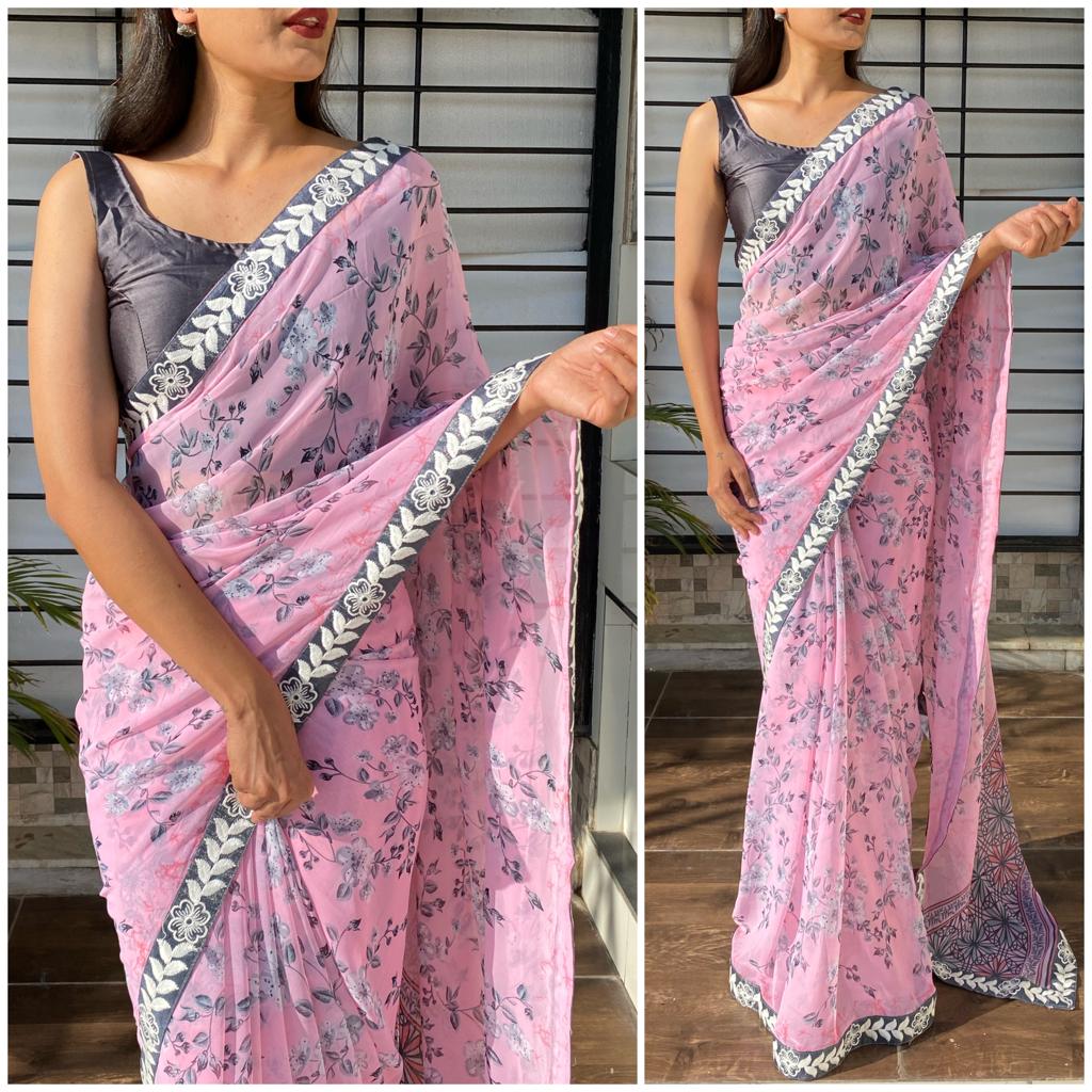 Printed Georgette Saree with Heavy Lace