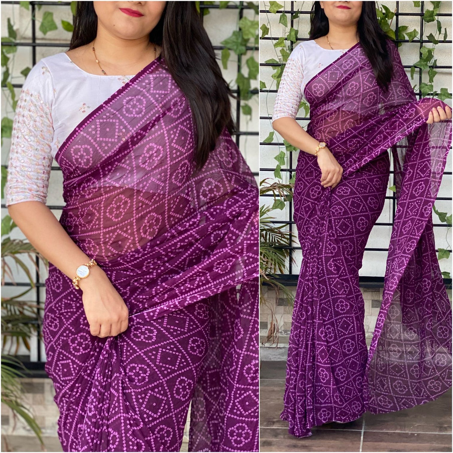 Bandhani printed Georgette Saree with Mirror work Blouse