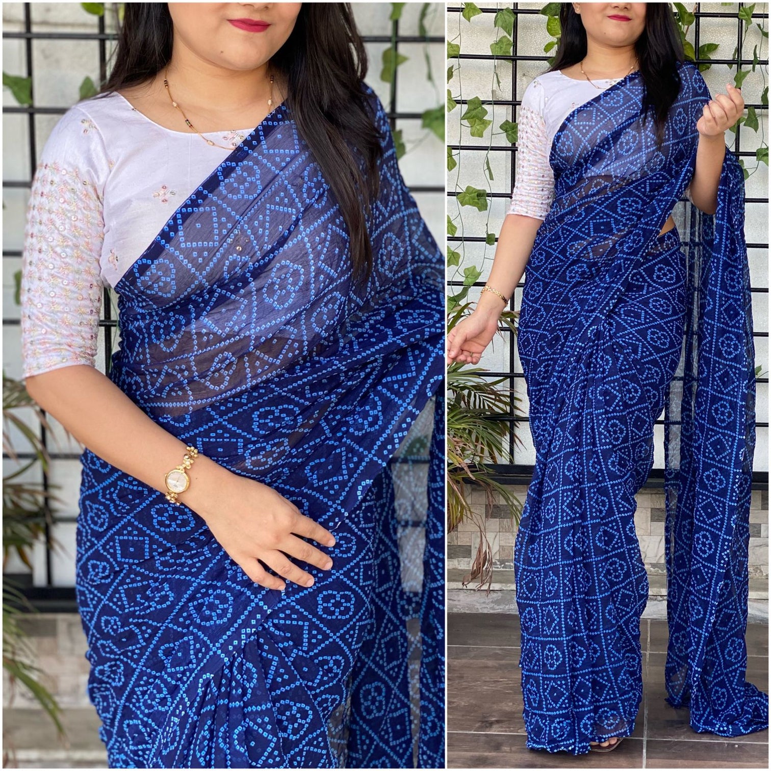 Bandhani printed Georgette Saree with Mirror work Blouse