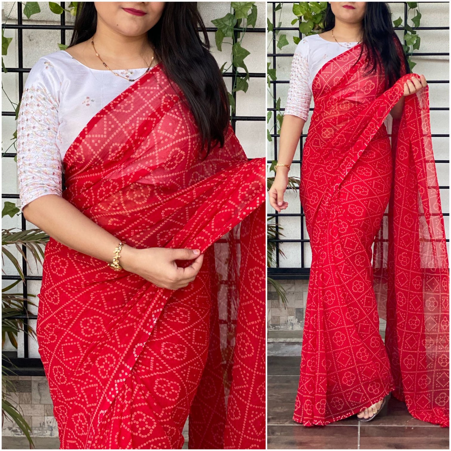 Bandhani printed Georgette Saree with Mirror work Blouse