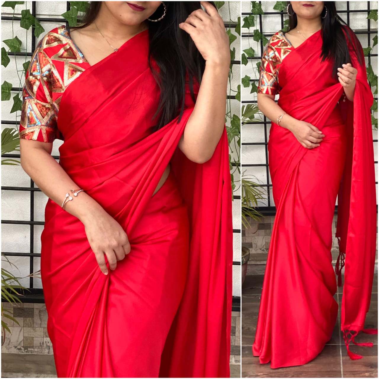 Satin silk Saree with Heavy Sequence Embroidery work Blouse