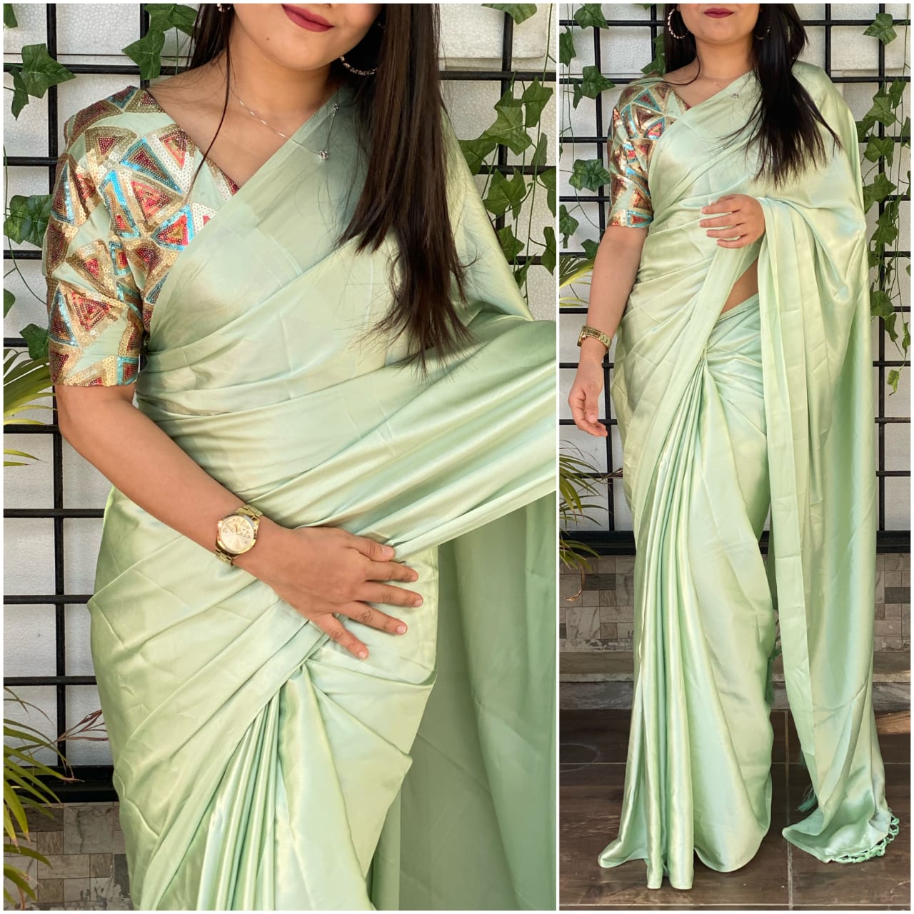 Satin silk Saree with Heavy Sequence Embroidery work Blouse
