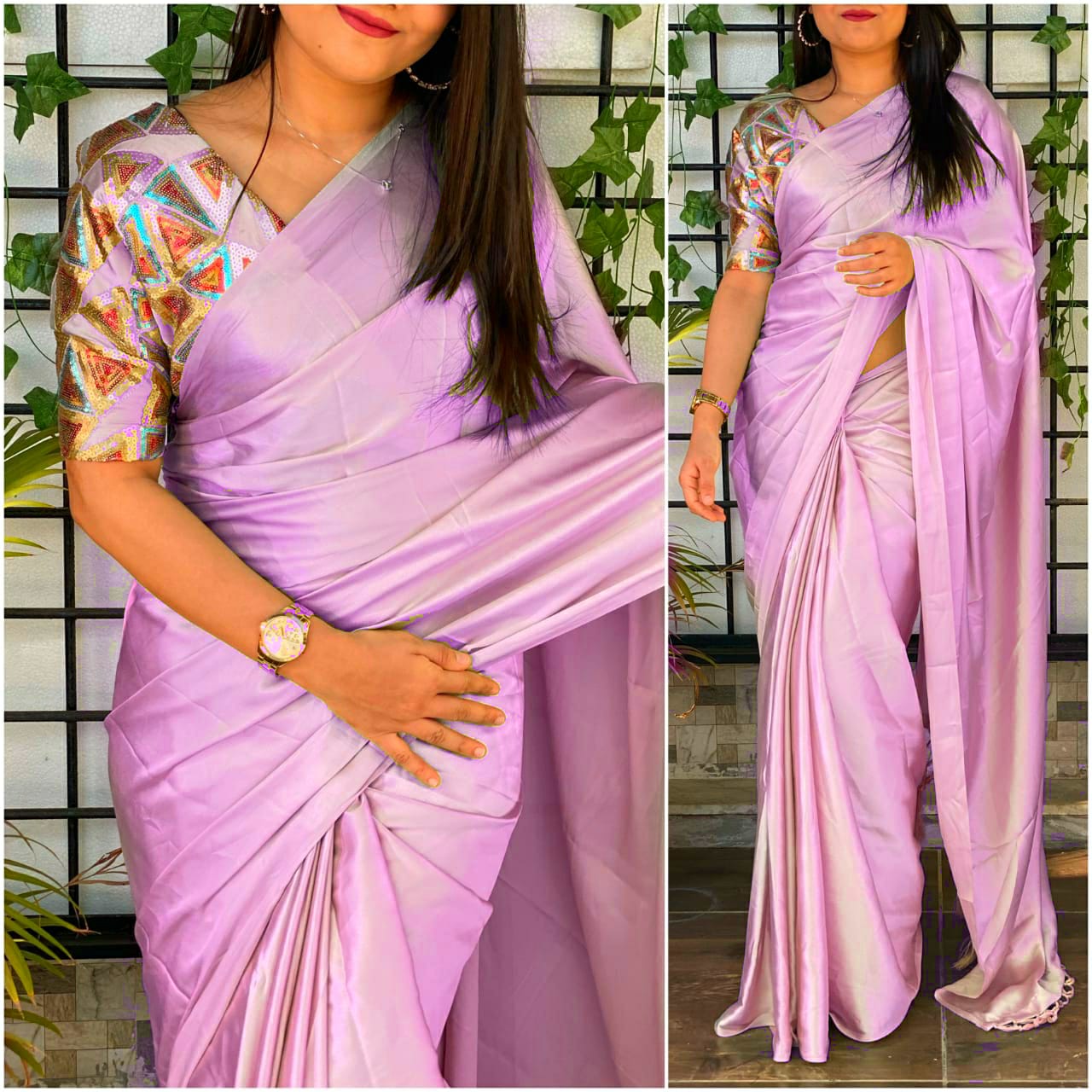 Satin silk Saree with Heavy Sequence Embroidery work Blouse
