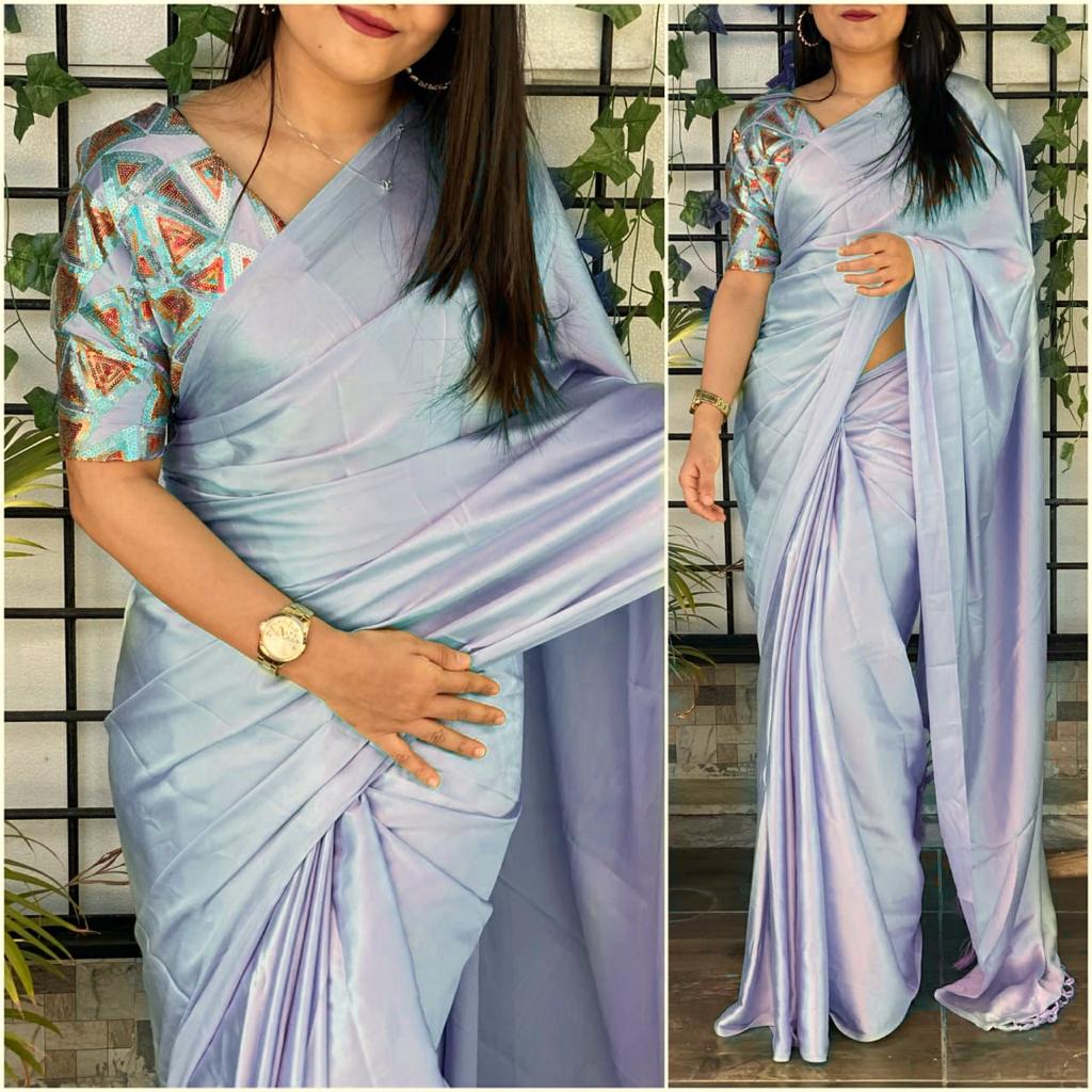 Satin silk Saree with Heavy Sequence Embroidery work Blouse