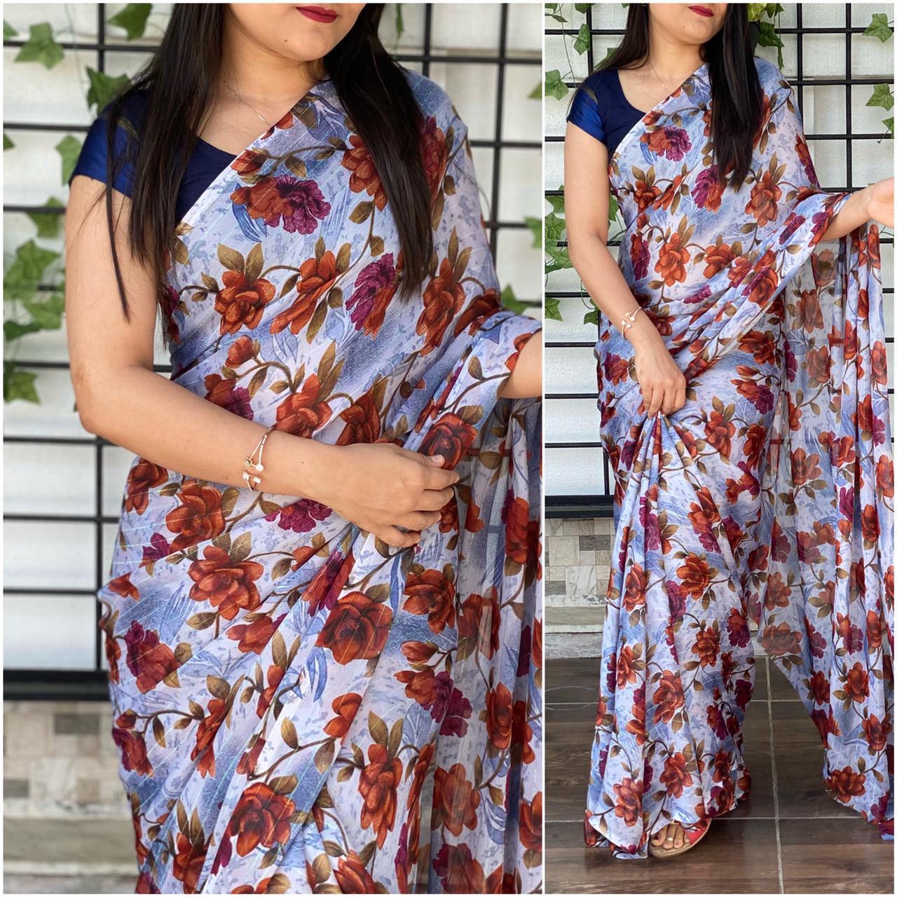 Blue Georgette Printed Saree with Satin silk Blouse