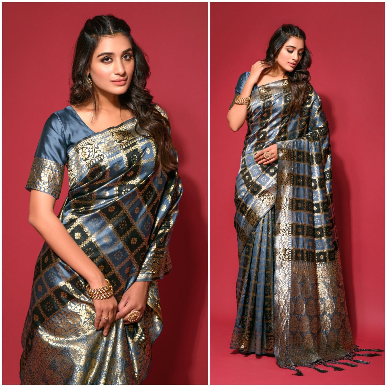 Dark Grey Silk jacquard Saree with Zari weaving Work