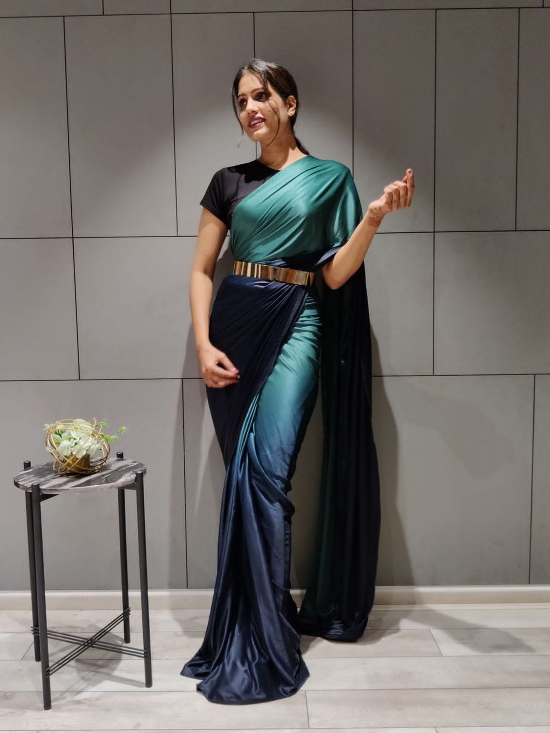 Teal Color Ready to wear Lycra saree with Metal Belt