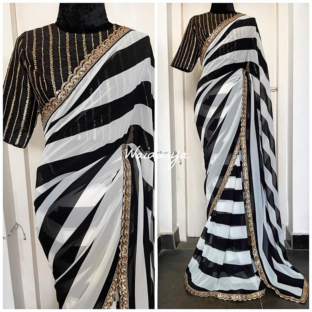 Black and White Soft Georgette Saree with Embroidery Work