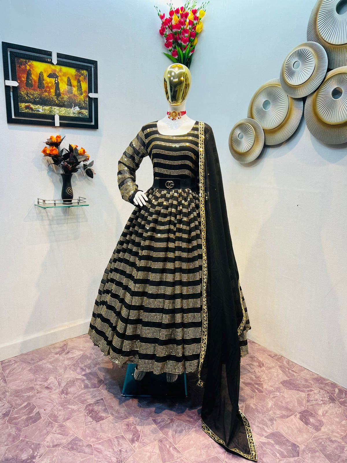 Party Wear Black Color Sequence Work Anarkali Gown