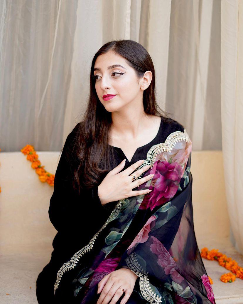 Stylish Black Color Cotton Sharara Suit with Organza Dupatta