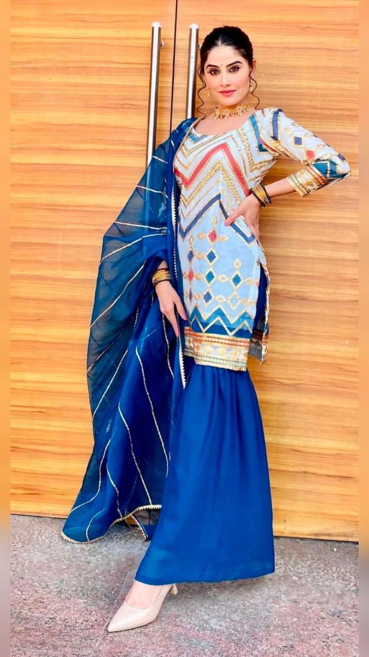 Fancy Blue Color Chain Stitch Work Sharara Suit