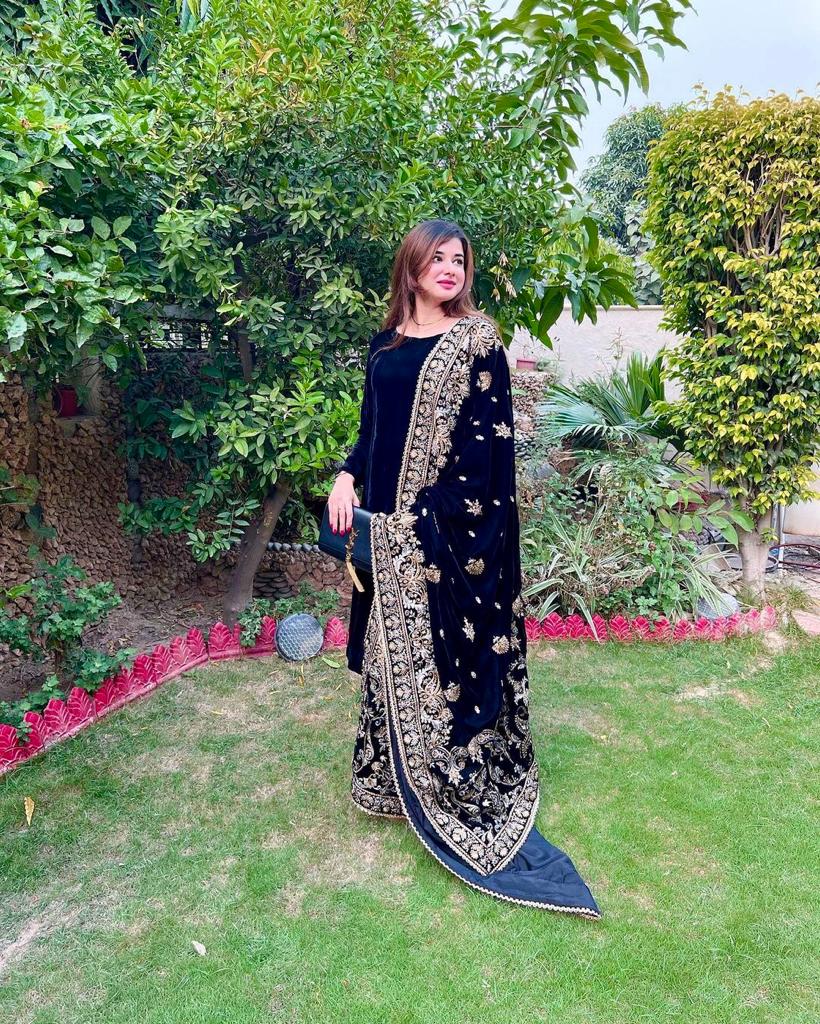 Wedding Wear Blue Color Velvet Anarkali Gown