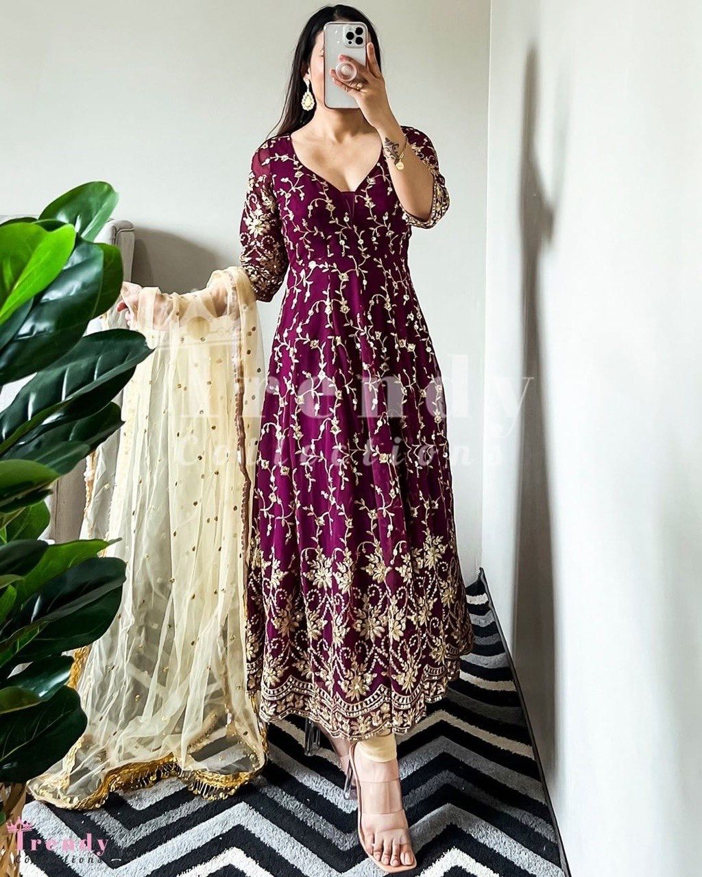 Wine Color Embroidery Sequence Work Gown with Dupatta
