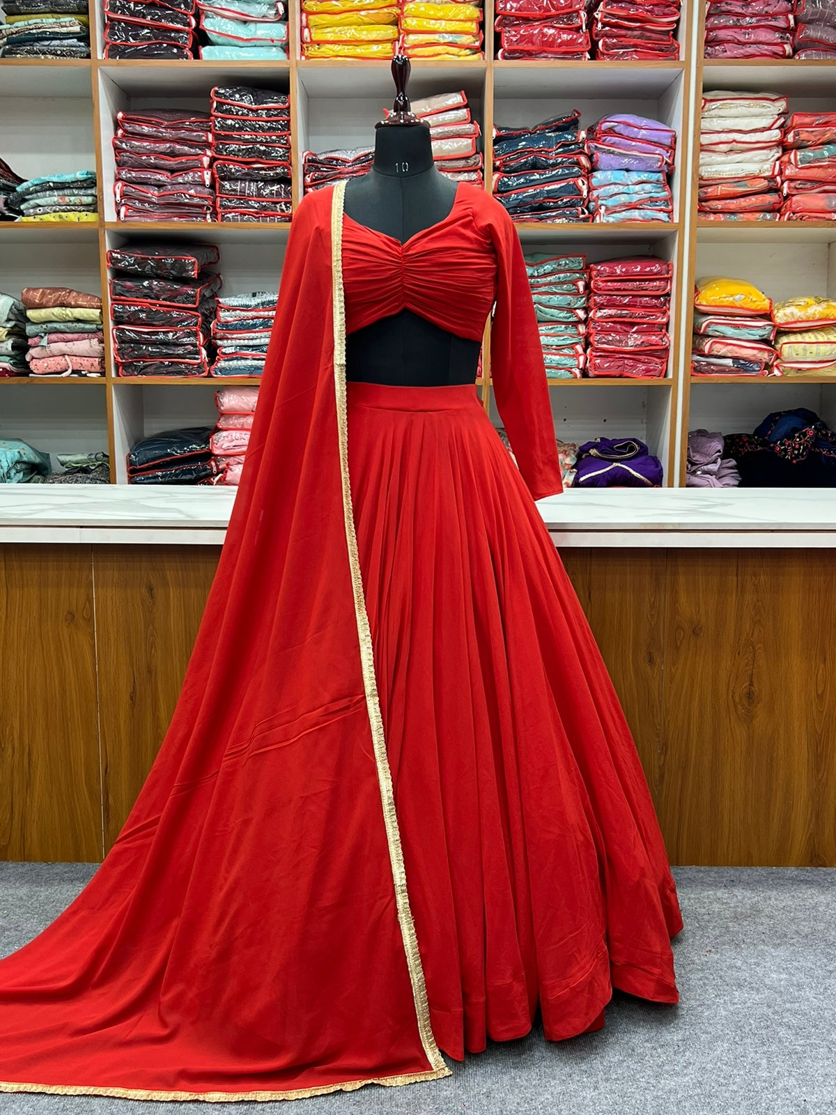 Red Soft georgette Lehenga choli with fully stitched blouse