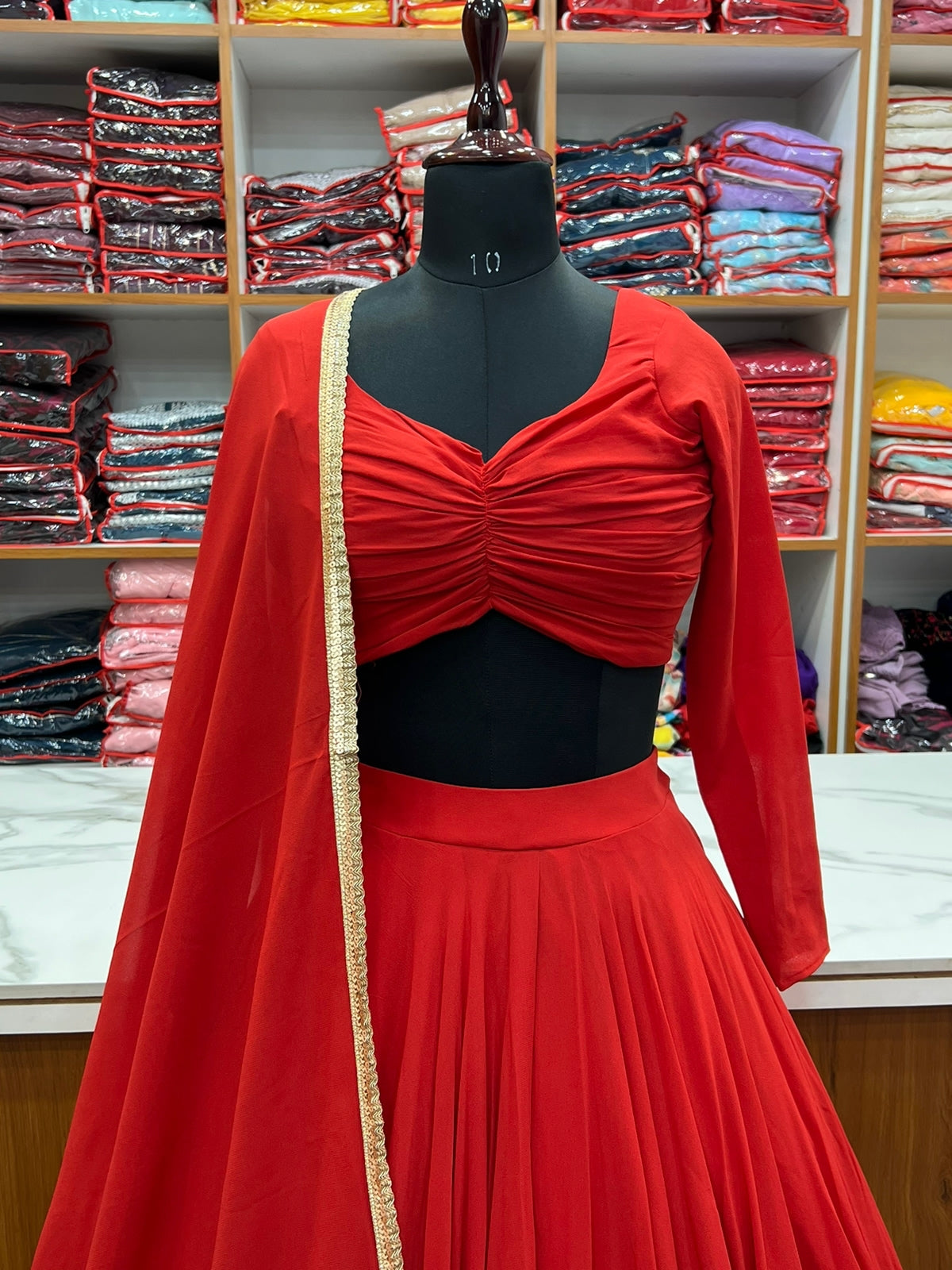 Red Soft georgette Lehenga choli with fully stitched blouse