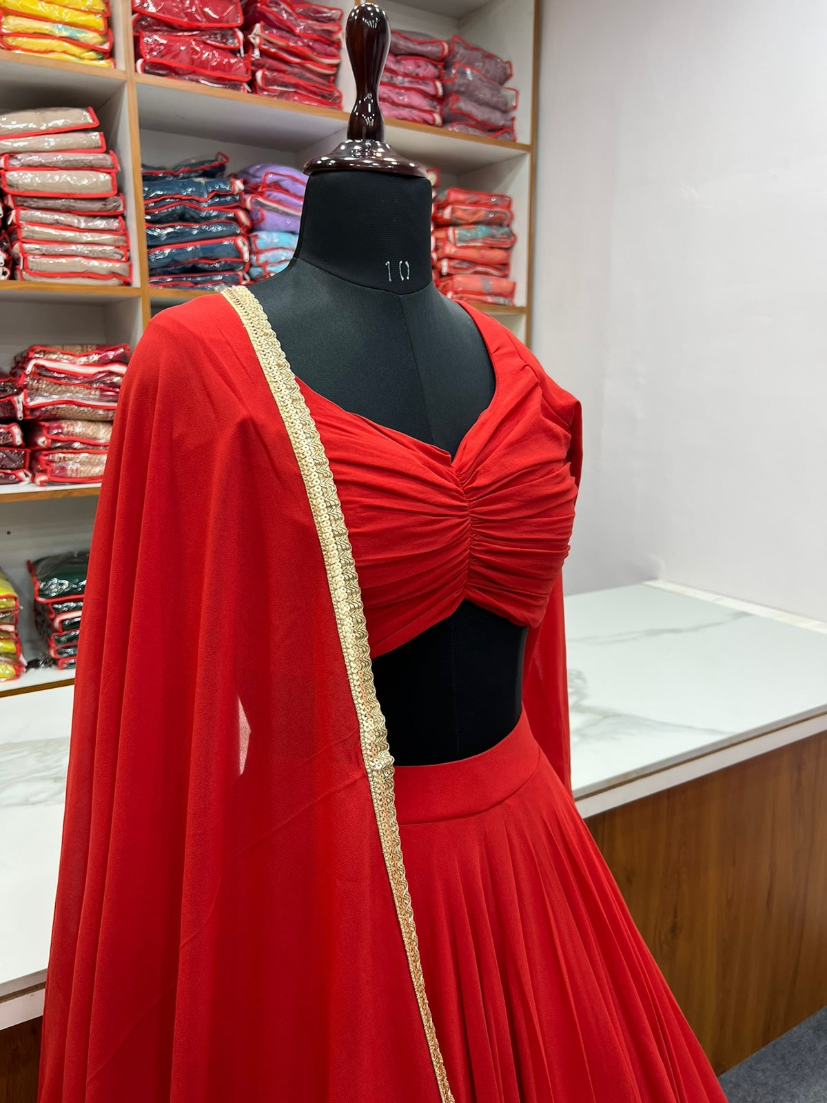 Red Soft georgette Lehenga choli with fully stitched blouse