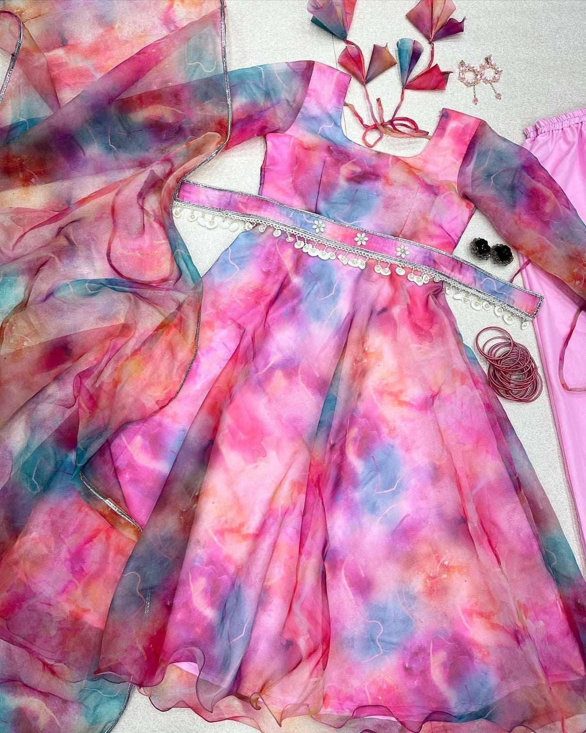 Tie-dye Print Pink Color Attractive Anarkali Suit
