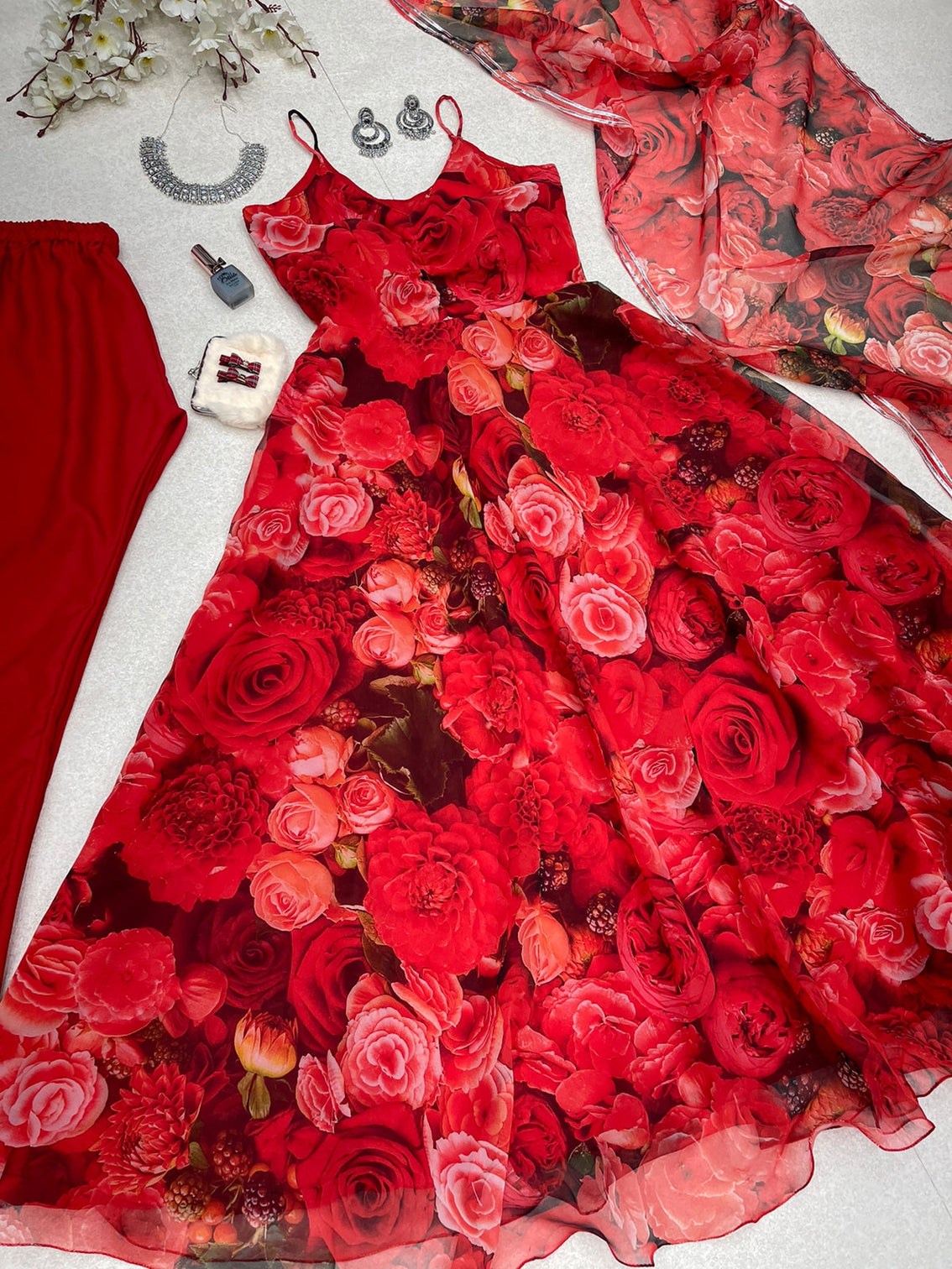 Attractive Rose Printed Red Color Anarkali Suit
