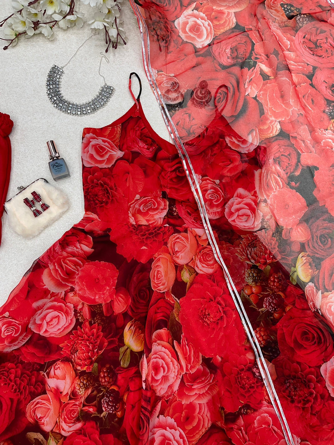 Attractive Rose Printed Red Color Anarkali Suit
