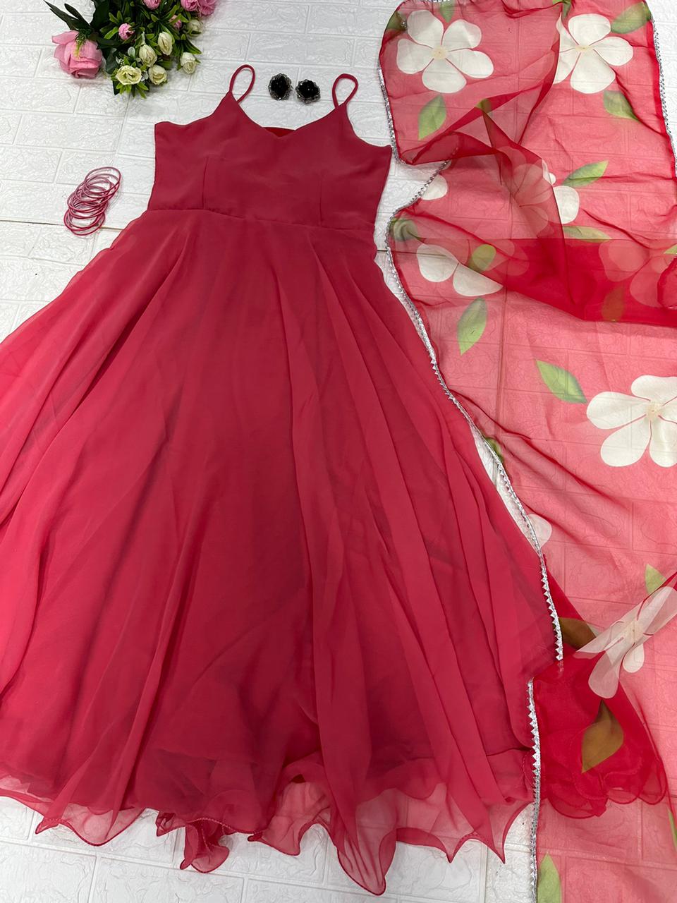 Adorable Look Red Color Anarkali Gown with Organza Dupatta