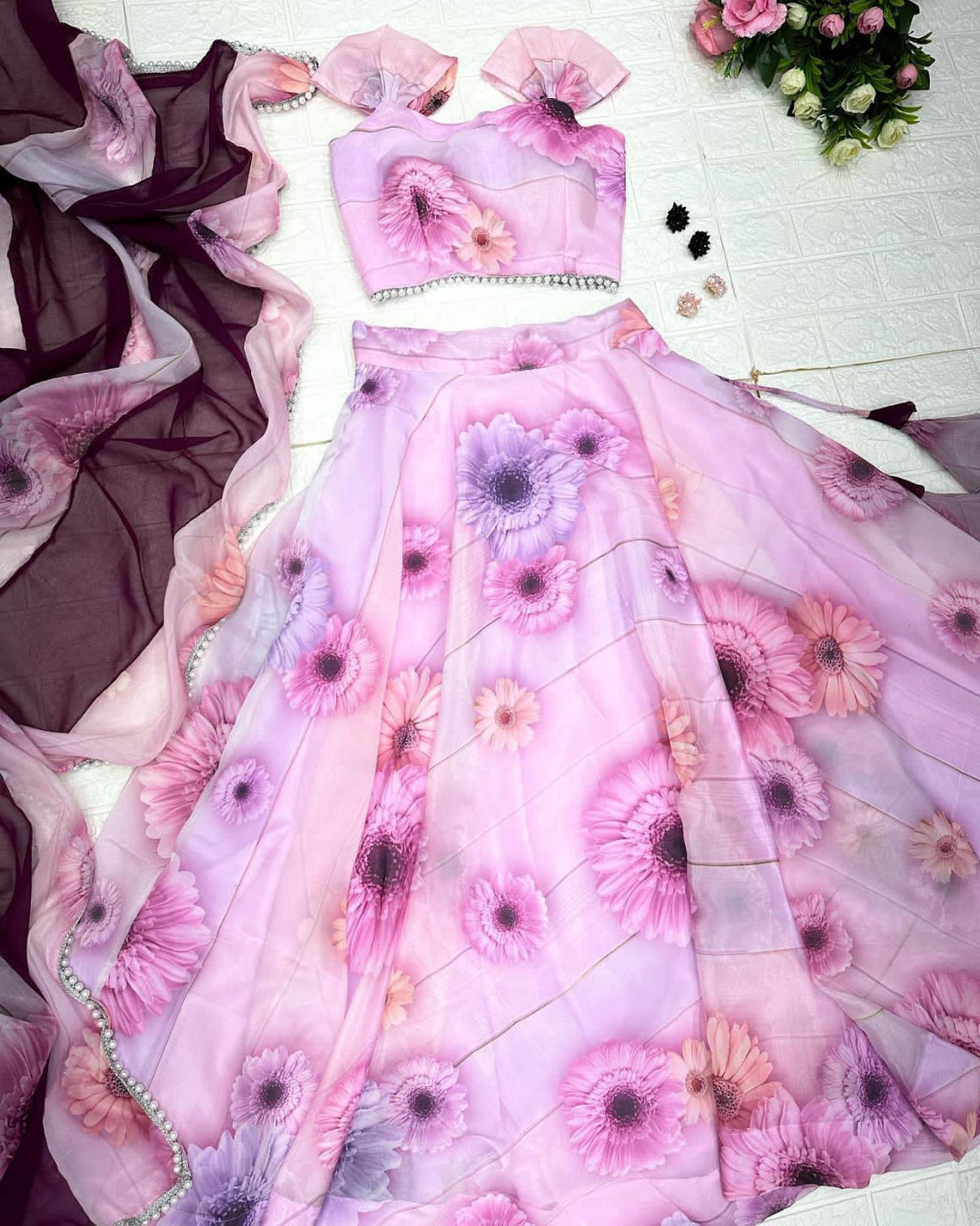 Exclusive Light Pink Heavy Organza Digital Printed Lehenga Choli