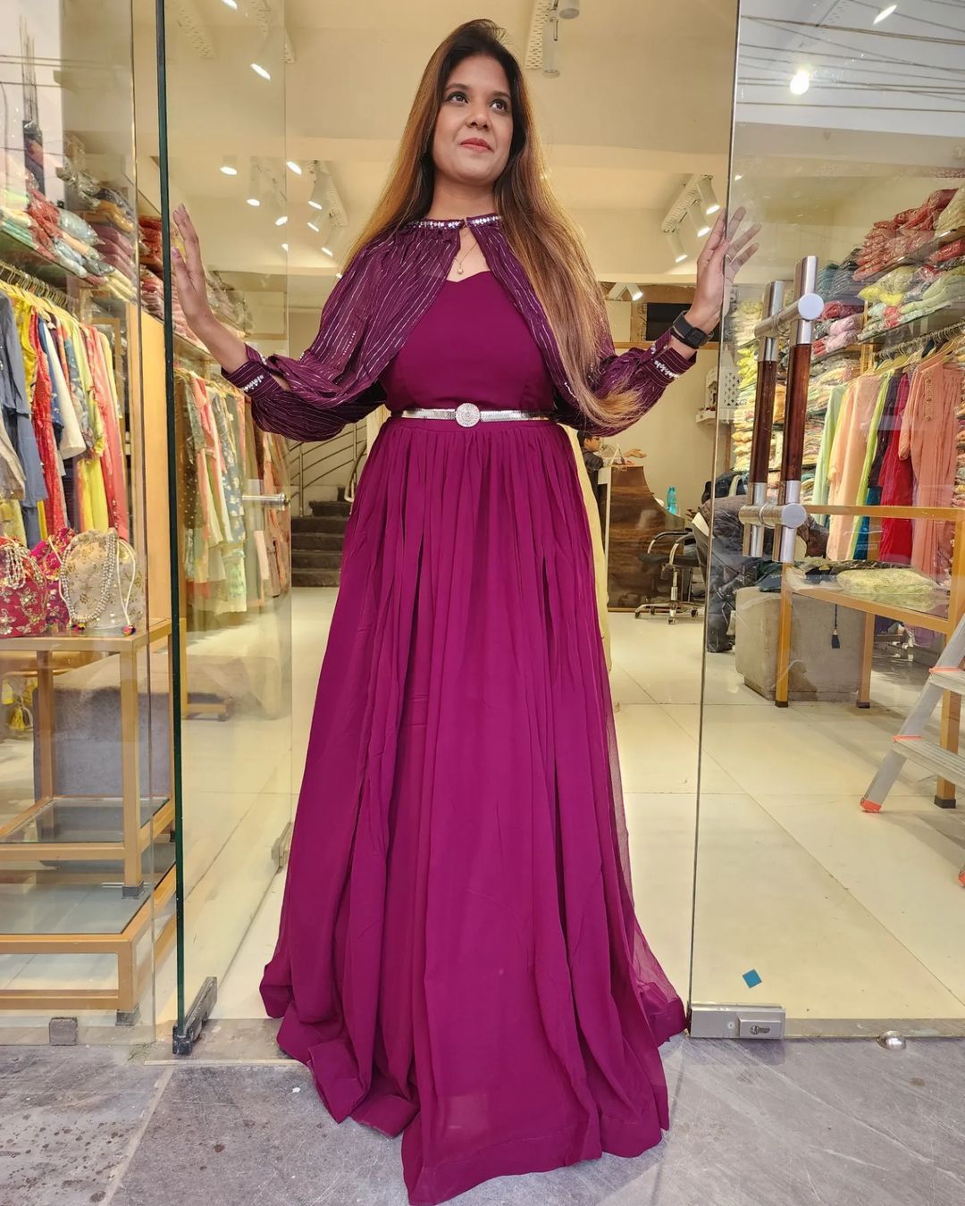 Shining  Pattern Sequence Work Wine Color Gown