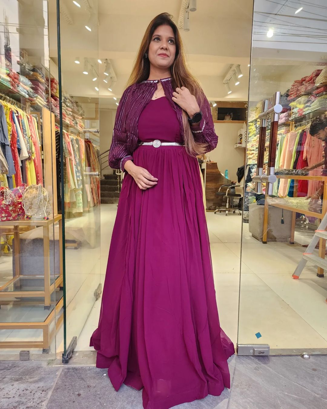 Shining  Pattern Sequence Work Wine Color Gown