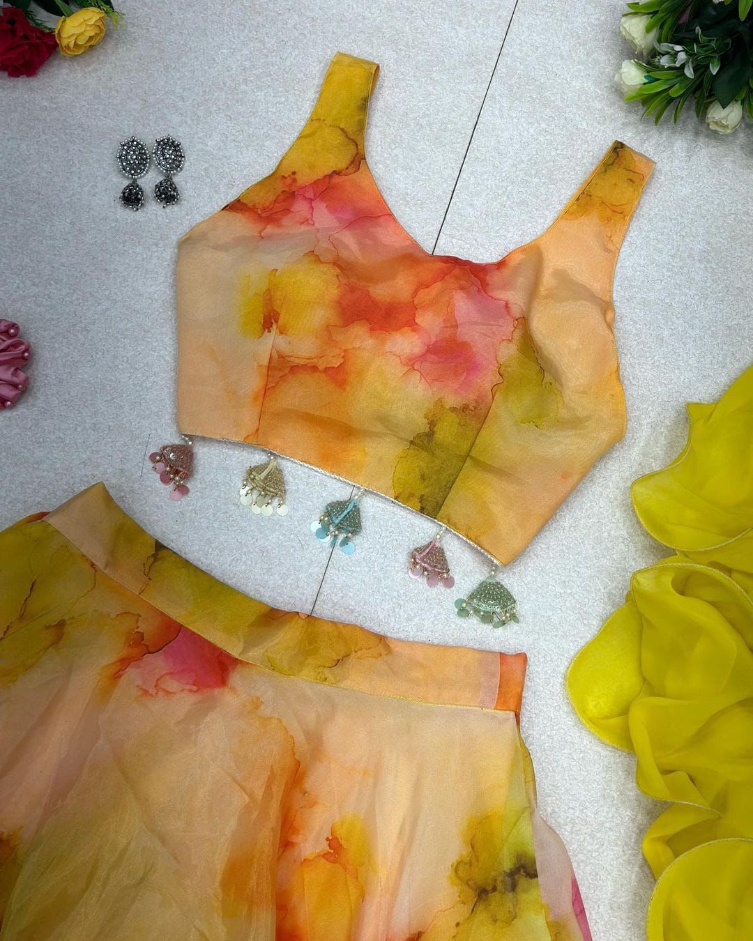 Glossy Yellow Color Digital Print Lehenga Choli