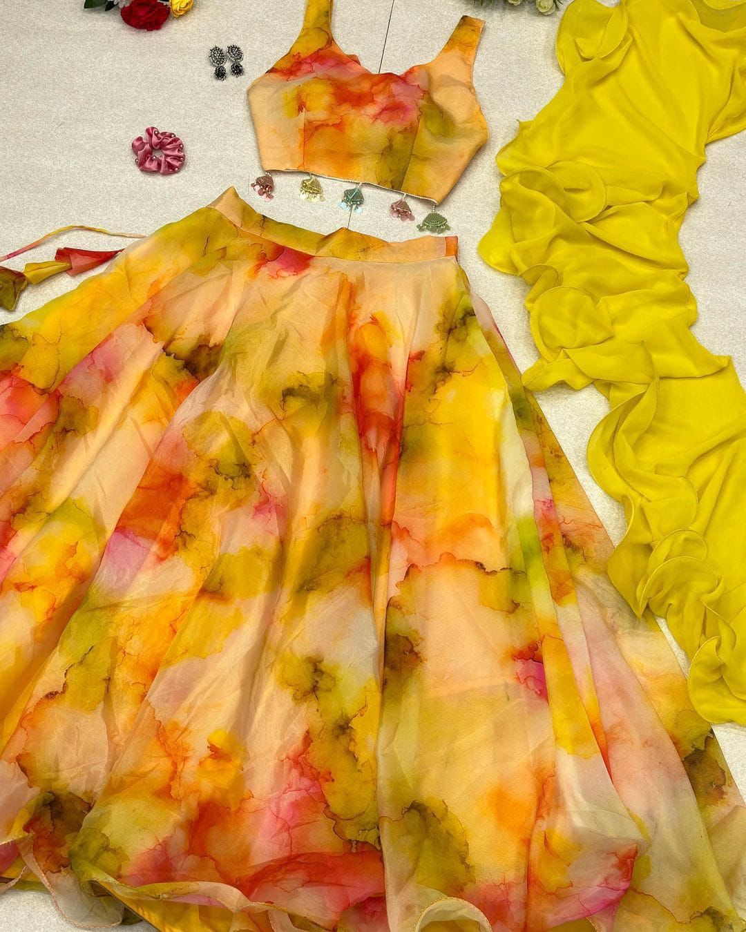 Glossy Yellow Color Digital Print Lehenga Choli