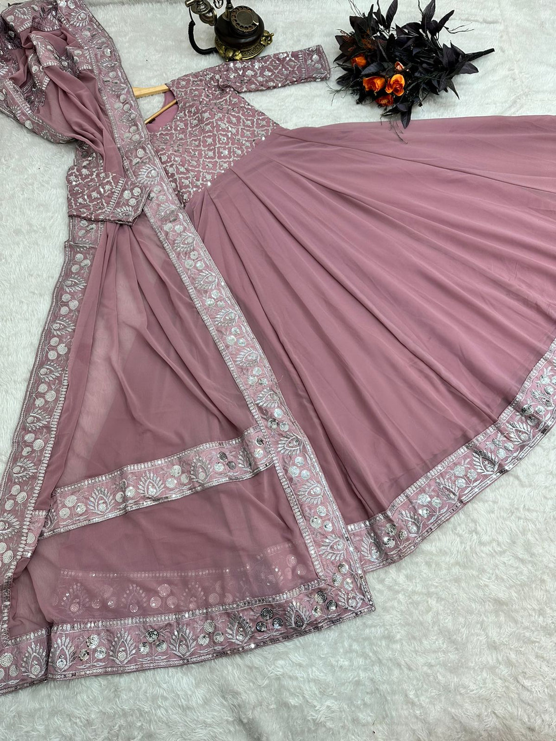 Presenting Dusty Pink Color With Work Georgette Gown