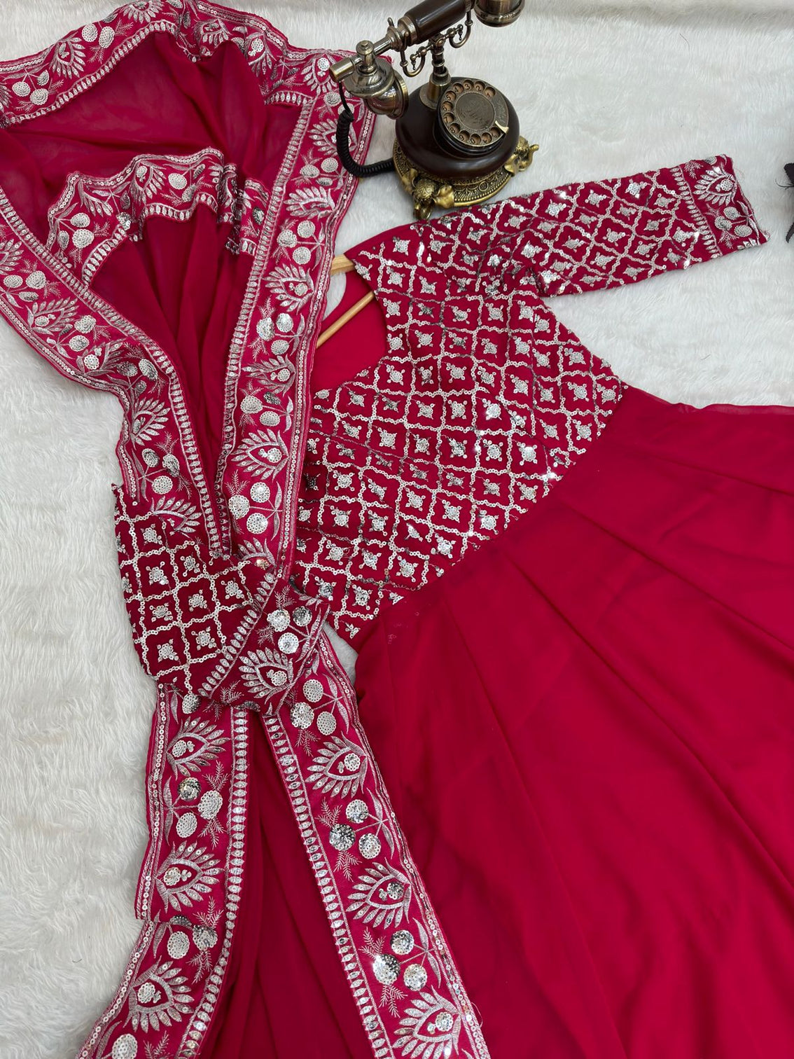 Presenting Dark Pink Color With Work Georgette Gown
