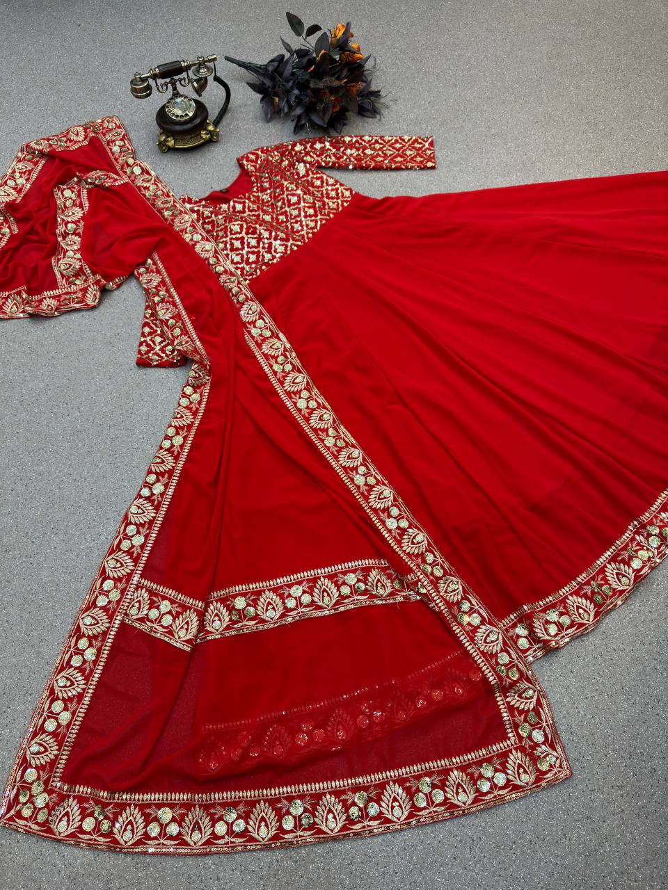 Presenting Red Color With Work Georgette Gown