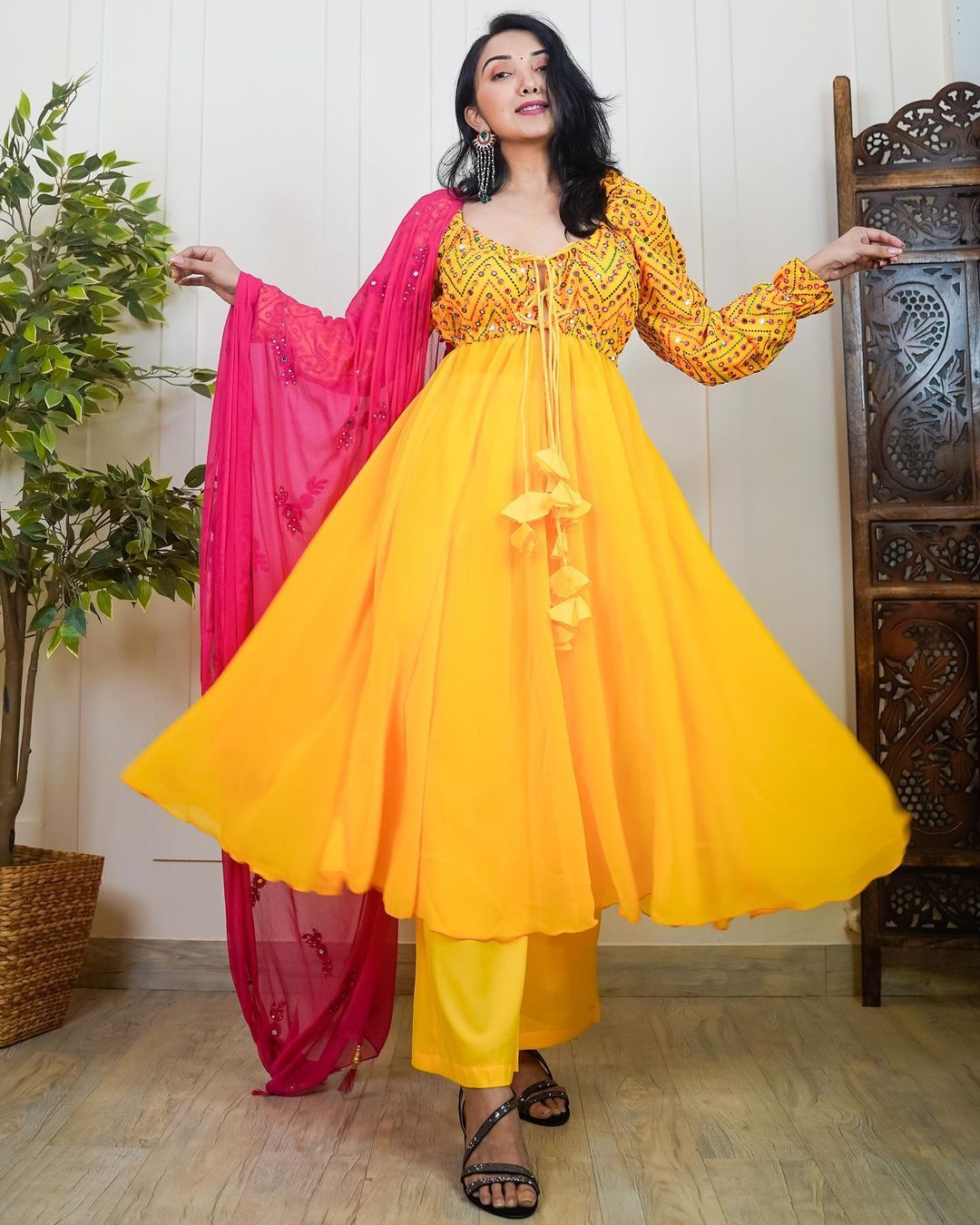 Yellow Anarkali Gown with Embroidery and Palazzo