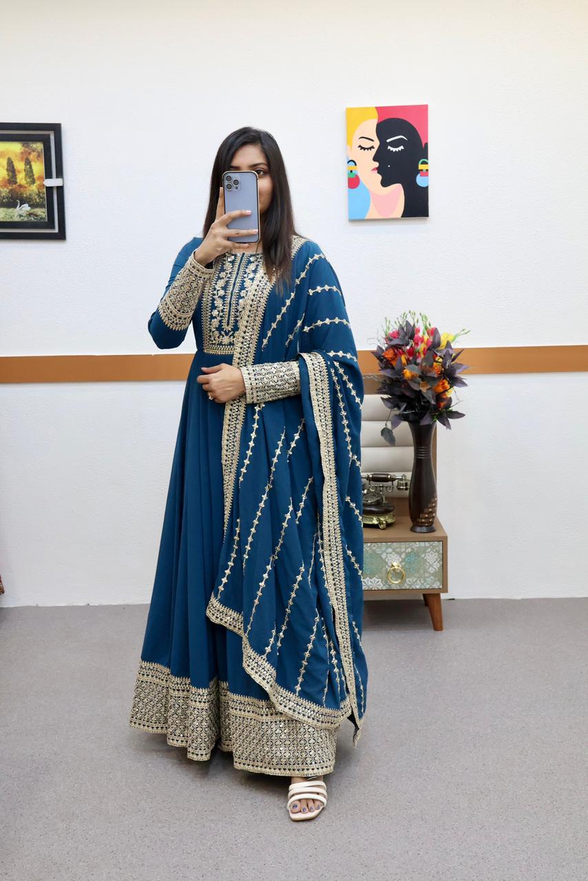 Teal Blue Anarkali Gown in Faux Georgette with Embroidery Work