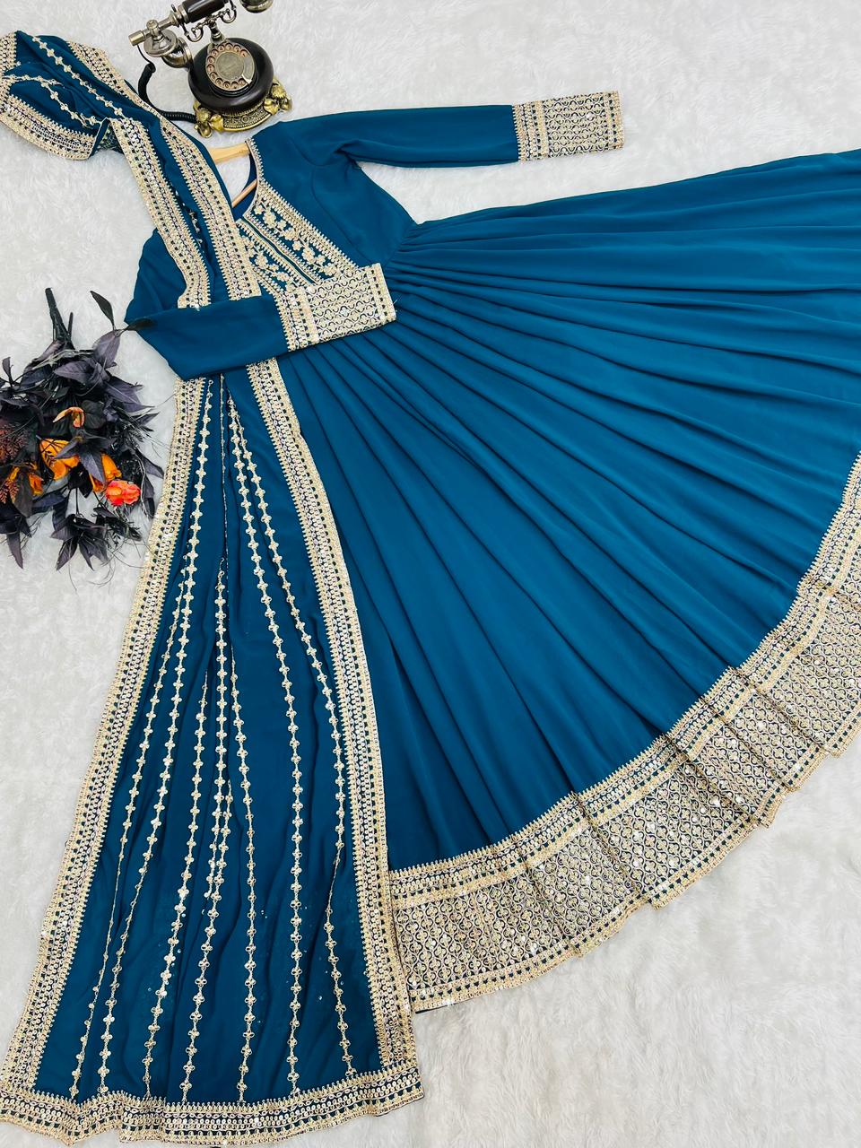 Teal Blue Anarkali Gown in Faux Georgette with Embroidery Work