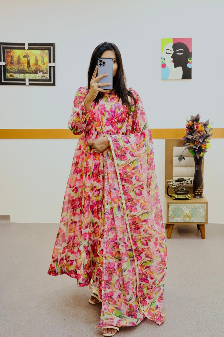 Red Anarkali Gown in Organza with Digital Floral Print