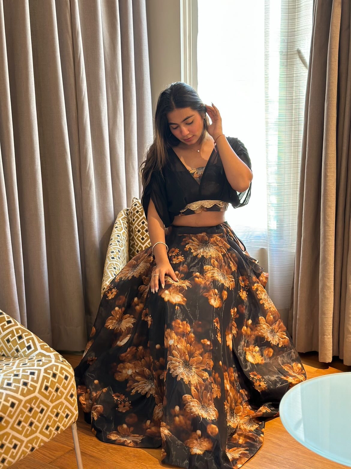 Organza Black Color Digital Printed Crop Top With Lehenga