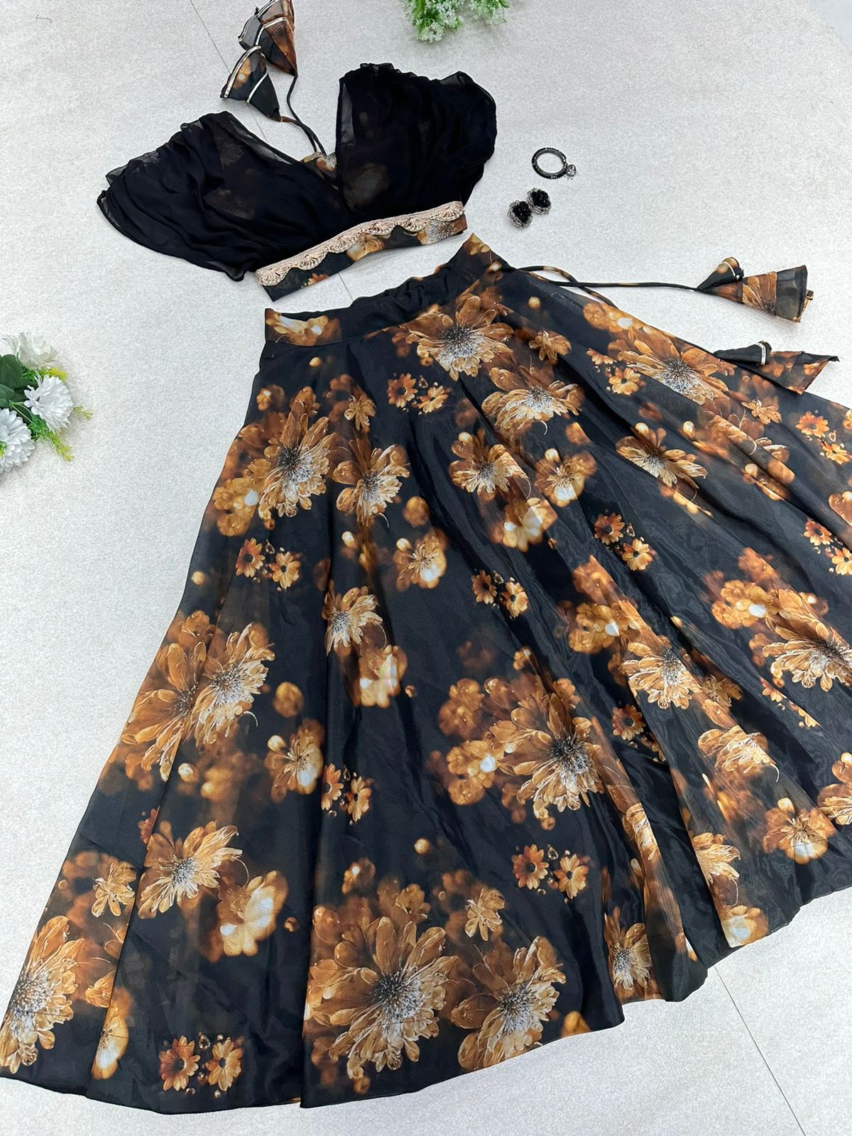 Organza Black Color Digital Printed Crop Top With Lehenga