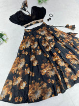 Organza Black Color Digital Printed Crop Top With Lehenga