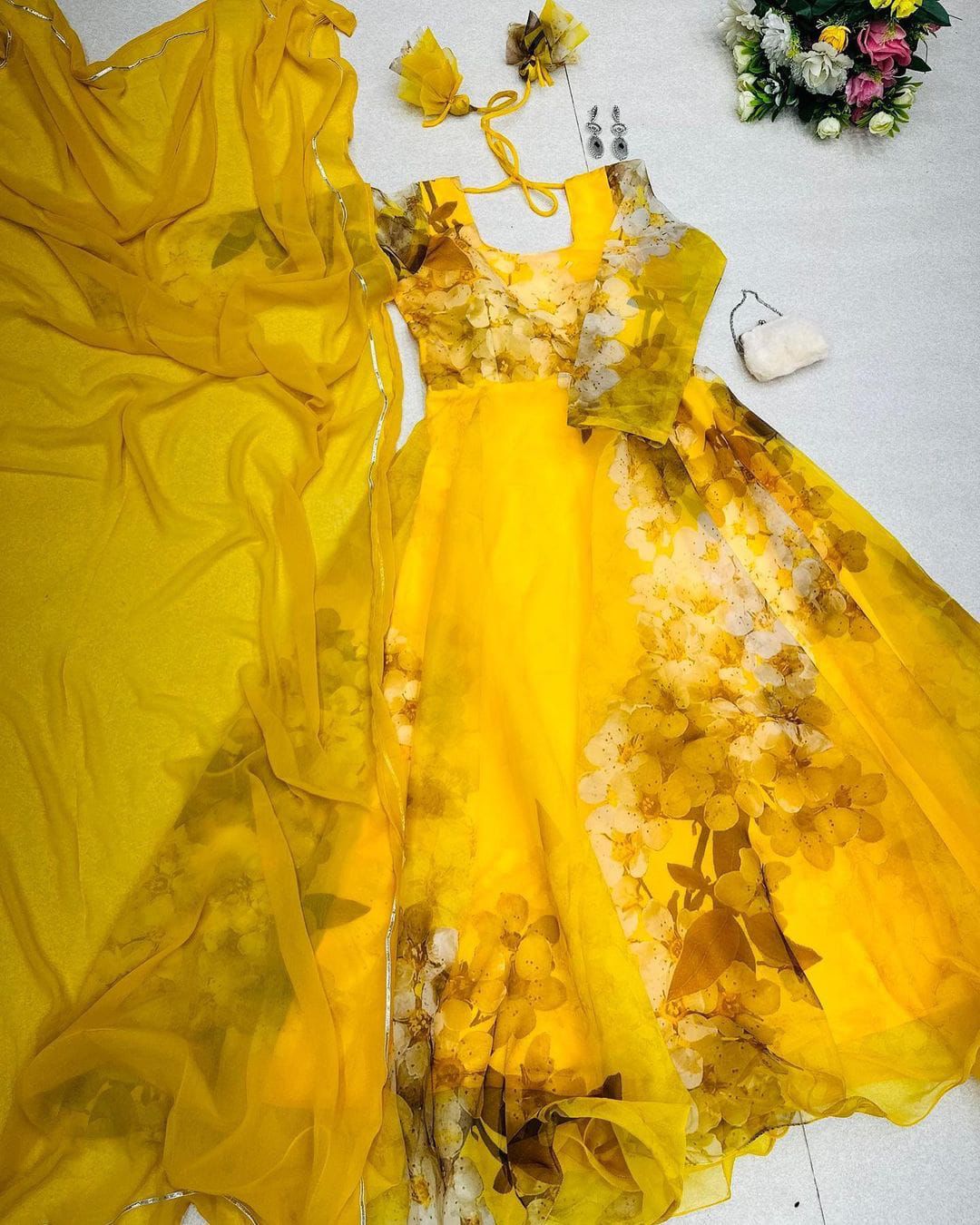 Yellow Color Digital Printed Organza Silk Gown