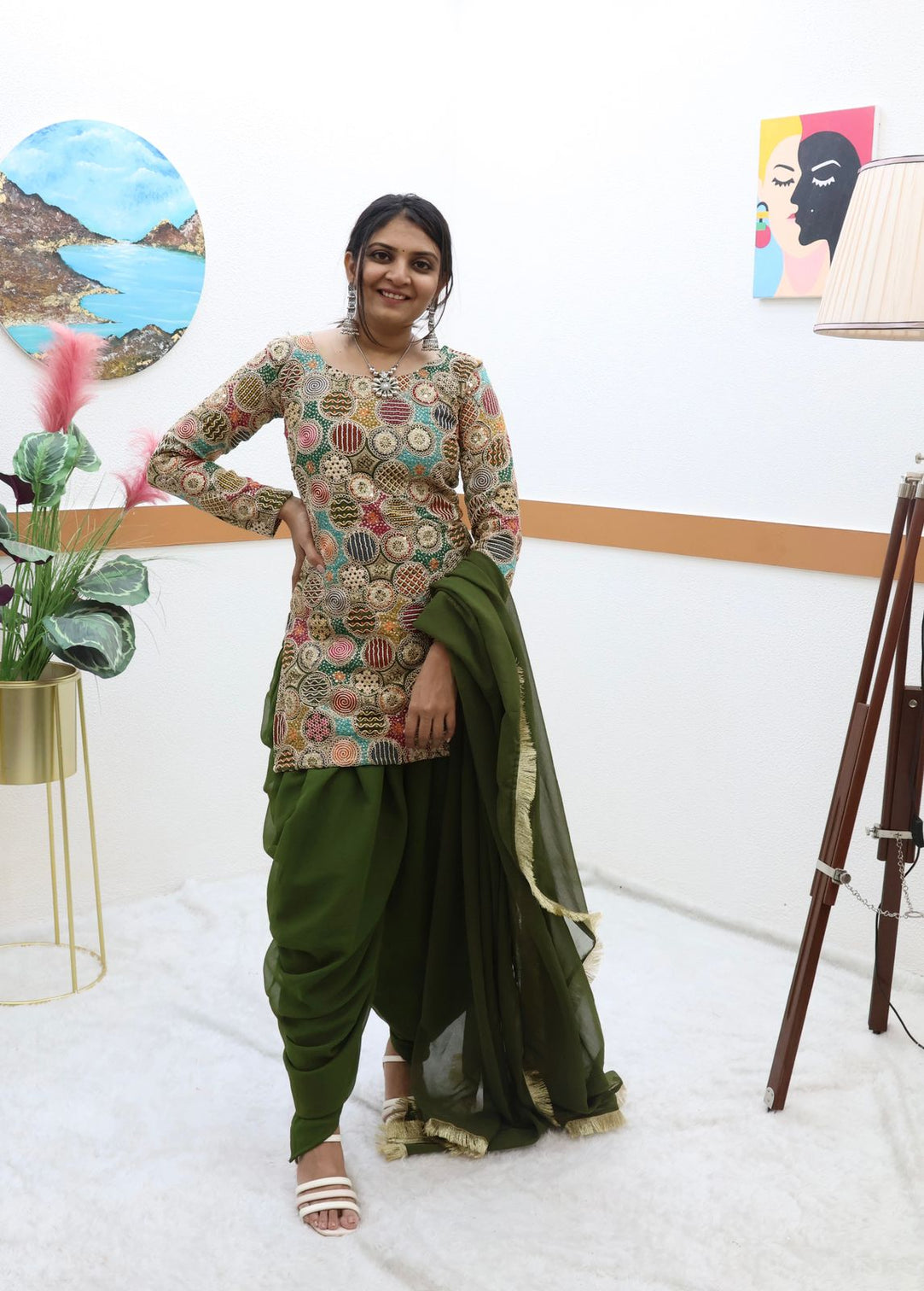 Double Sequence Work Mehndi Color Dhoti Suit