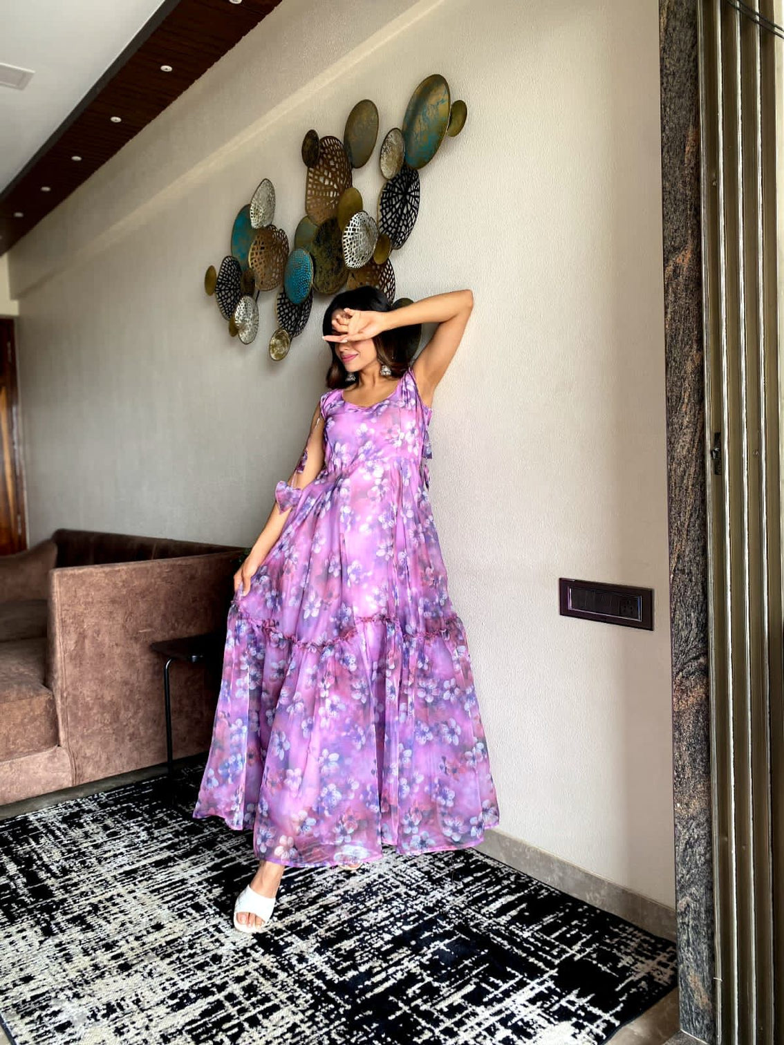 Glimmering Organza Silk Lavender Color Gown